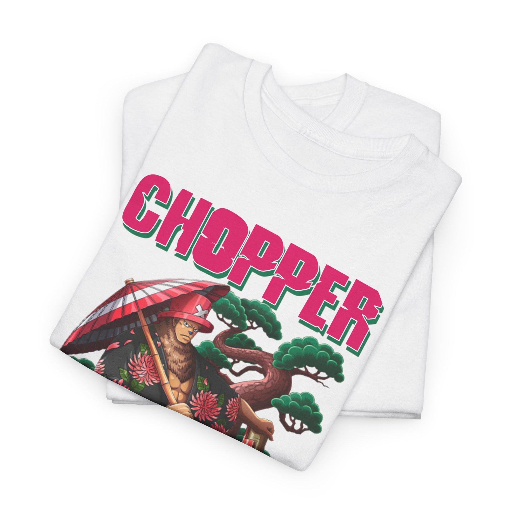 Folded white anime graphic t-shirt showcasing pristine artwork of Chopper, perfect for gifting to fashion-conscious fans and collectors.