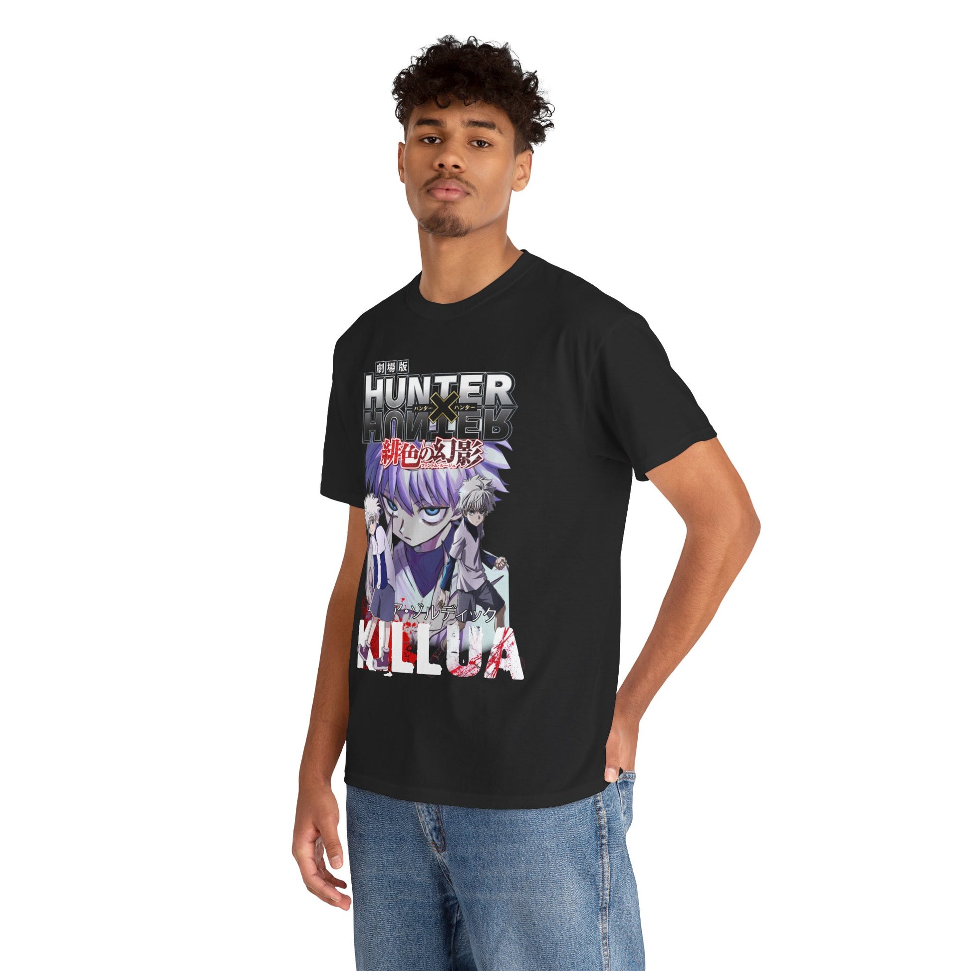 Stylish young man wearing a luxurious black Hunter x Hunter t-shirt with iconic Killua graphics, exuding confidence and elegance.
