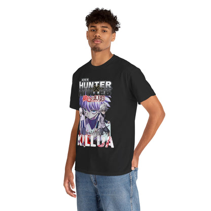 Stylish young man wearing a luxurious black Hunter x Hunter t-shirt with iconic Killua graphics, exuding confidence and elegance.