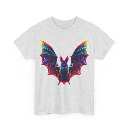 Radiant Evolution Bat Tee - Luxurious unisex cotton graphic t-shirt featuring a vibrant, stylized bat design with intricate rainbow hues.