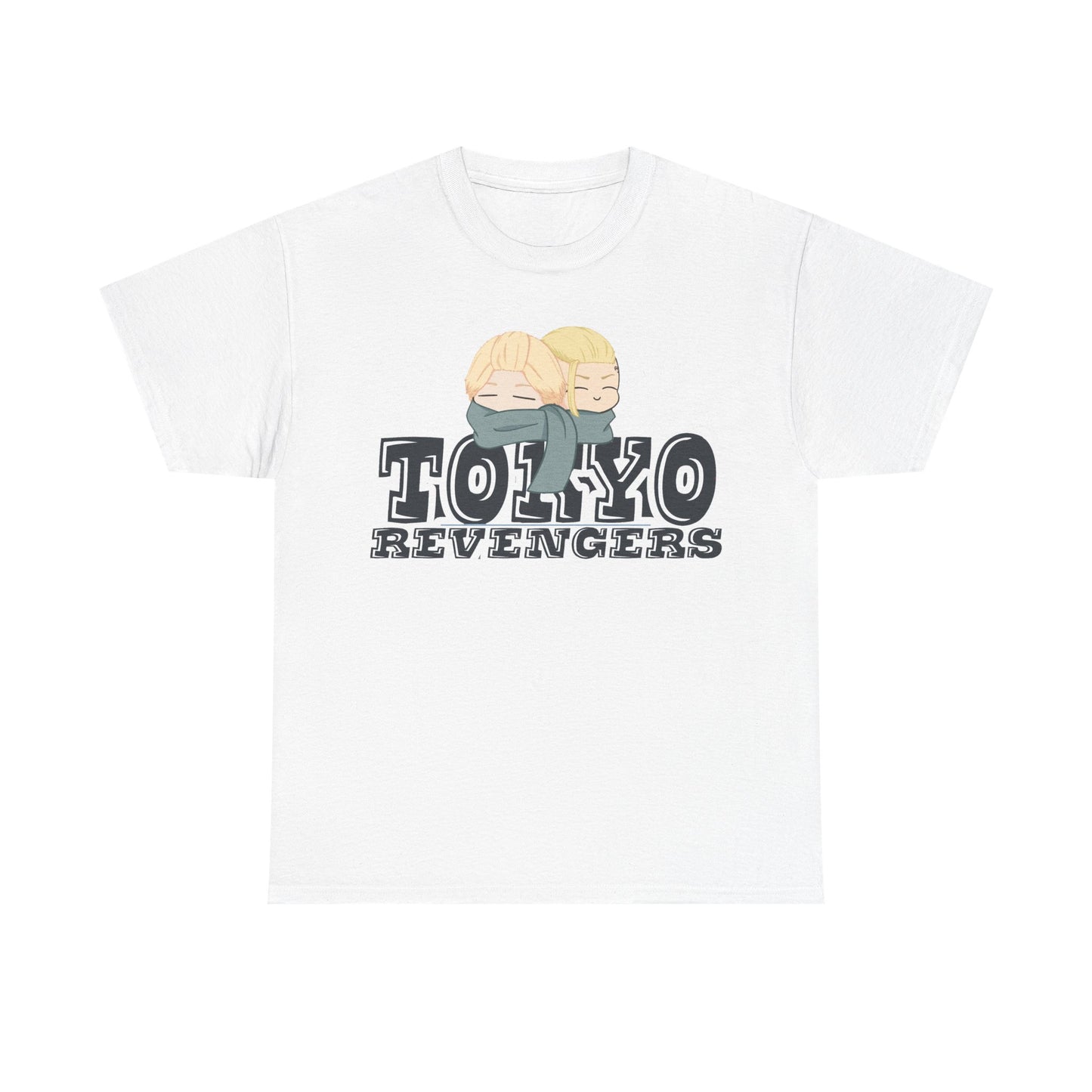 Elegant Tokyo Revengers graphic tee designed in white, displaying two charming anime figures with blonde hair and grey scarves, ideal for casual and stylish looks.