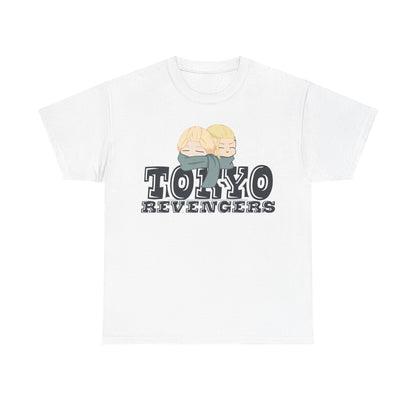 Elegant Tokyo Revengers graphic tee designed in white, displaying two charming anime figures with blonde hair and grey scarves, ideal for casual and stylish looks.