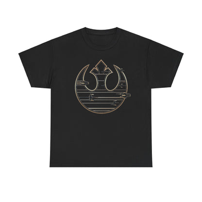 Elegant black unisex T-shirt showcasing a bold Rebel Alliance emblem, accented with intricate details of X-wing starfighters, perfect for stylish Star Wars enthusiasts.