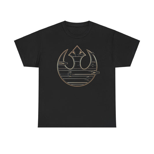 Elegant black unisex T-shirt showcasing a bold Rebel Alliance emblem, accented with intricate details of X-wing starfighters, perfect for stylish Star Wars enthusiasts.