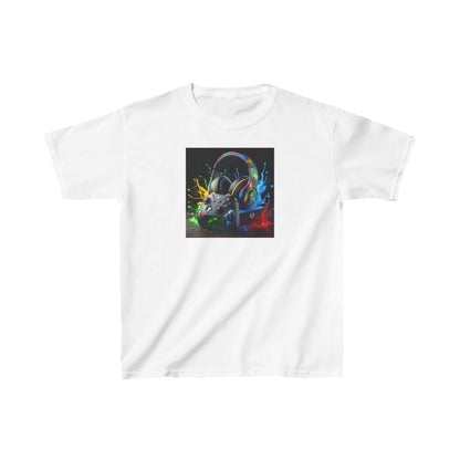 Timeless Unisex Children's Gaming Graphic Cotton Tee in classic white, embellished with a vivid game controller illustration surrounded by colourful splashes, crafted for discerning little gamers.