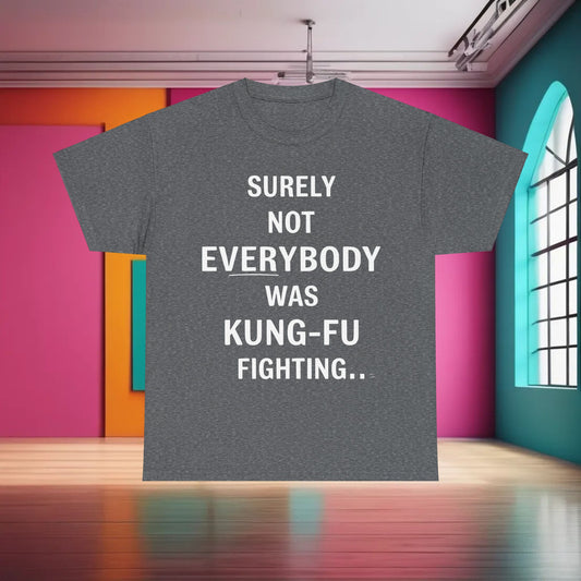 Stylish charcoal grey ‘Kung Foo Fighting’ Graphic T-Shirt displaying bold text, ideal for urban fashion enthusiasts.