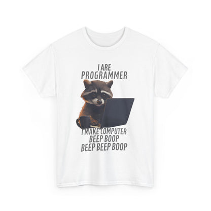 Chic Funny Raccoon Programmer T-Shirt showcasing adorable raccoon at laptop, inscribed with 'I Are Programmer' for discerning tech aficionados.
