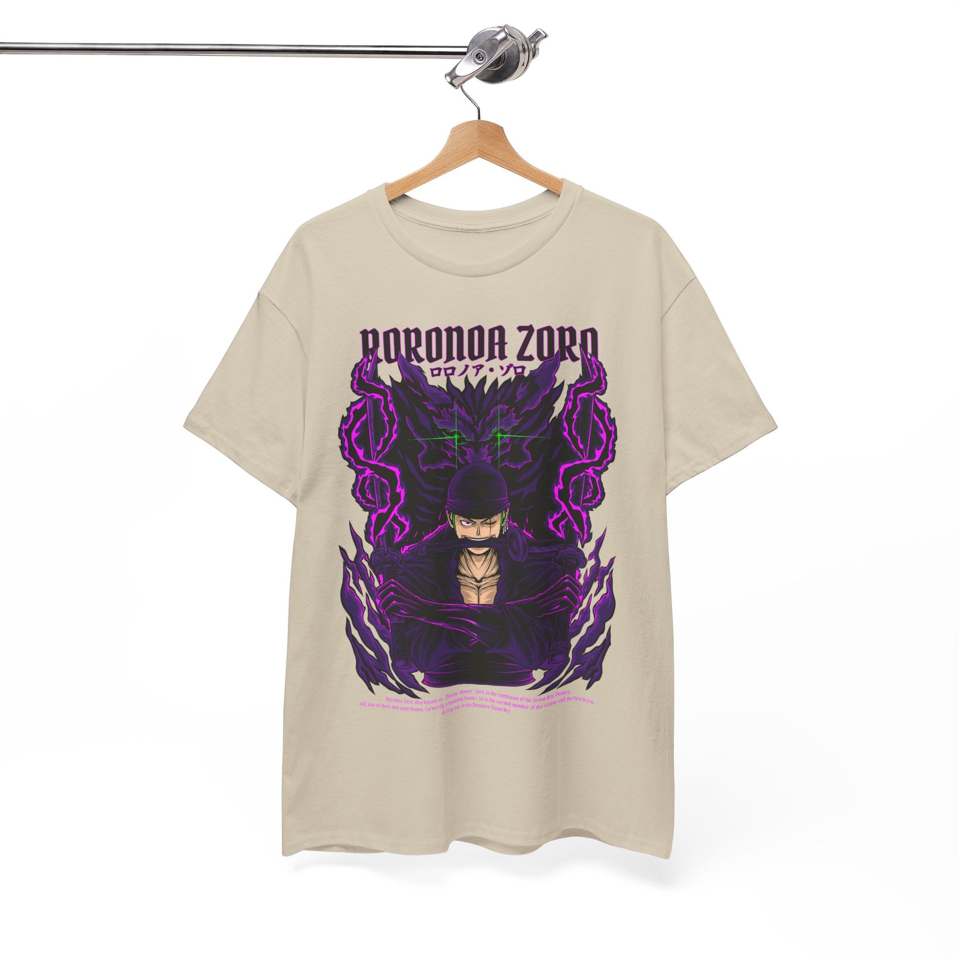 Sophisticated Roronoa Zoro graphic tee hanging on a wooden hanger, emphasising the striking anime-inspired design with vibrant purple motifs.
