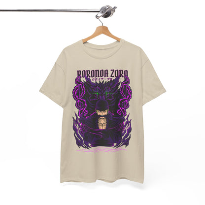 Sophisticated Roronoa Zoro graphic tee hanging on a wooden hanger, emphasising the striking anime-inspired design with vibrant purple motifs.