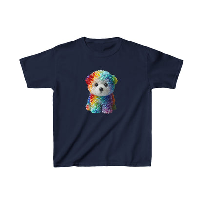 Unisex Kids Beaded Dog Cotton T-Shirt Tee Youths Childs - Navy blue shirt featuring a charming rainbow beaded dog design, ideal for children's fashion.
