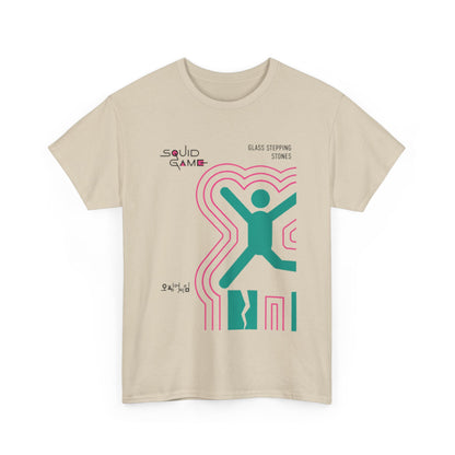 Chic Squid Game t-shirt with a unique glass stepping stones graphic in refined teal and pink, perfect for making a bold fashion statement.