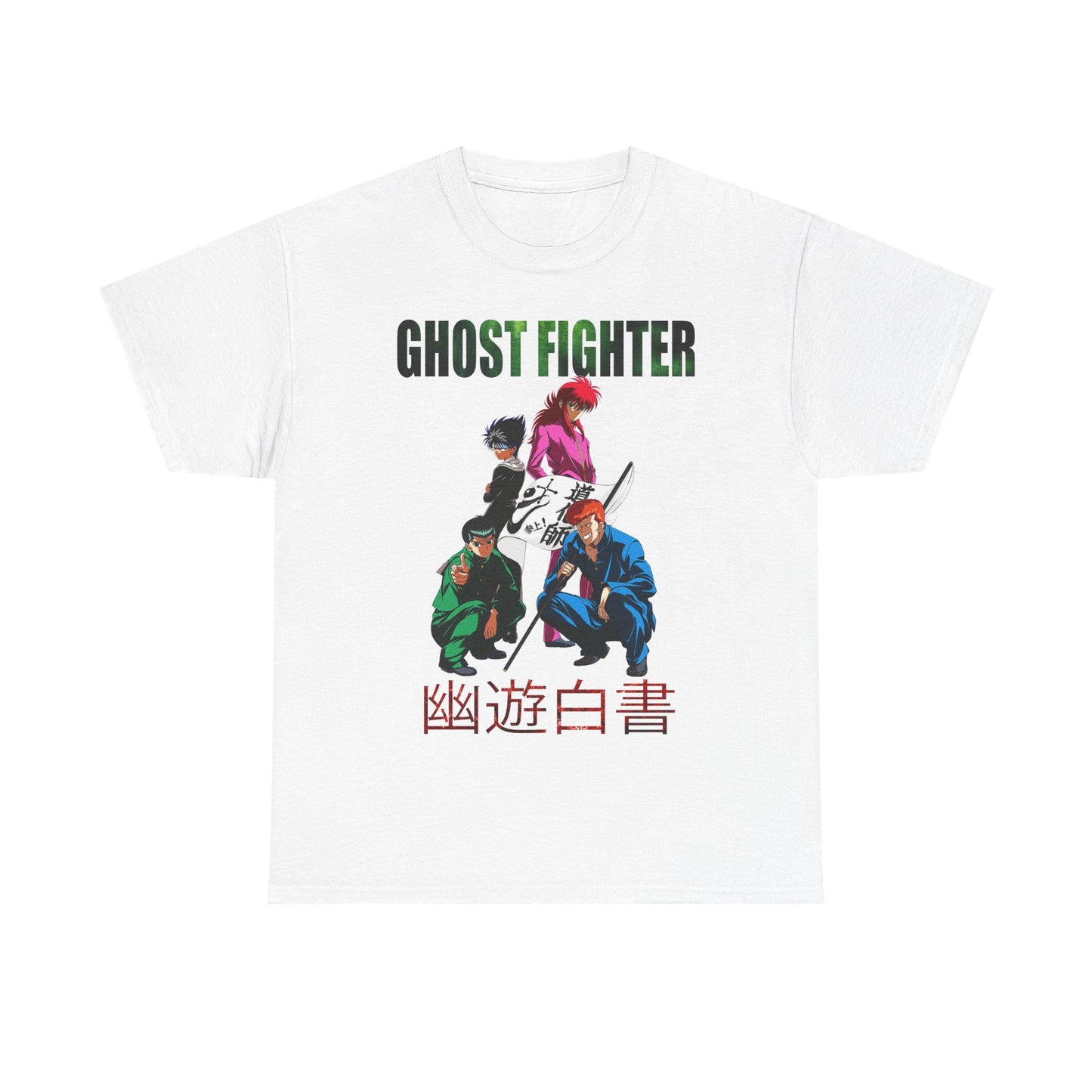 Elegant white Ghost Fighter graphic T-shirt showcasing dynamic anime characters, ideal for fashion-forward anime enthusiasts craving a touch of sophistication.