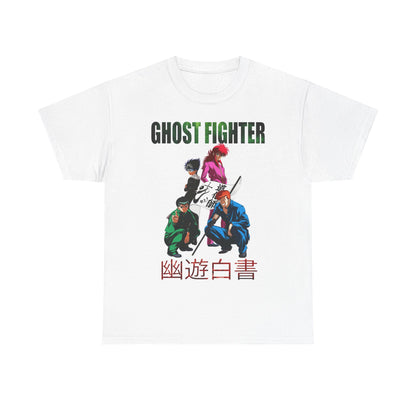 Elegant white Ghost Fighter graphic T-shirt showcasing dynamic anime characters, ideal for fashion-forward anime enthusiasts craving a touch of sophistication.