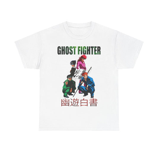 Elegant white Ghost Fighter graphic T-shirt showcasing dynamic anime characters, ideal for fashion-forward anime enthusiasts craving a touch of sophistication.