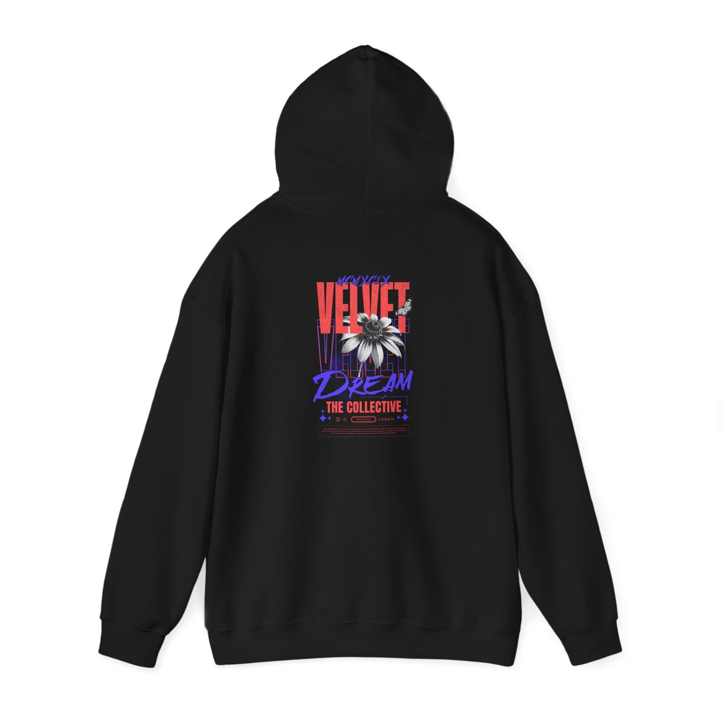 Chic black hoodie with a standout back design showcasing VELVET DREAM in vibrant colours, enhanced by elegant floral graphics, perfect for a statement casual outfit.