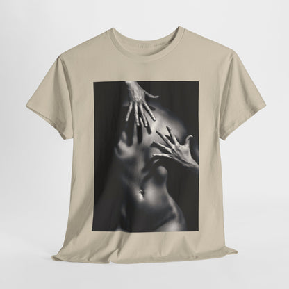Chic graphic t-shirt designed with an enchanting black and white depiction of hands on a nude silhouette, embodying a blend of beauty and artistic flair.