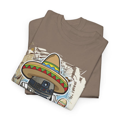 Premium Fiesta Mexican R2D2 unisex T-shirt in a stylish fold, featuring a playful R2D2 in a sombrero, ideal for pop culture enthusiasts.