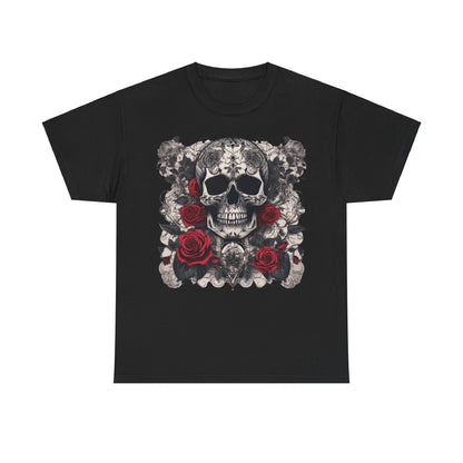 Skulls and Roses Cotton Tee – Unisex graphic shirt showcasing bold skull and red roses artwork, featured in elegant black colour, ideal for stylish outfits.