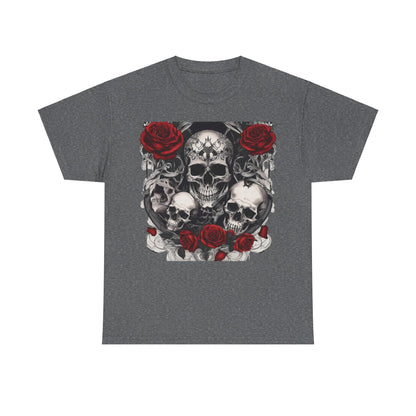Premium dark heather grey Skulls and Roses Cotton Tee, featuring an eye-catching skull and rose graphic design, perfect for stylish self-expression.
