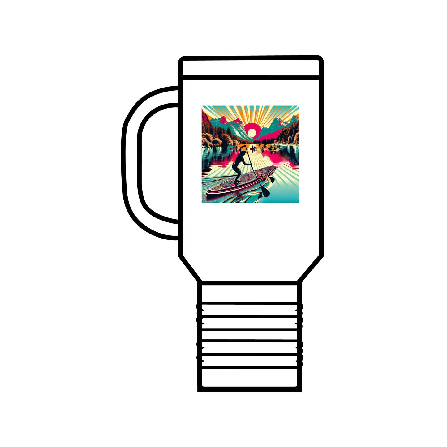 Elegant white Fantasy Paddleboarding 40oz Insulated Travel Mug adorned with a captivating paddleboarding graphic, designed for the discerning adventurer.
