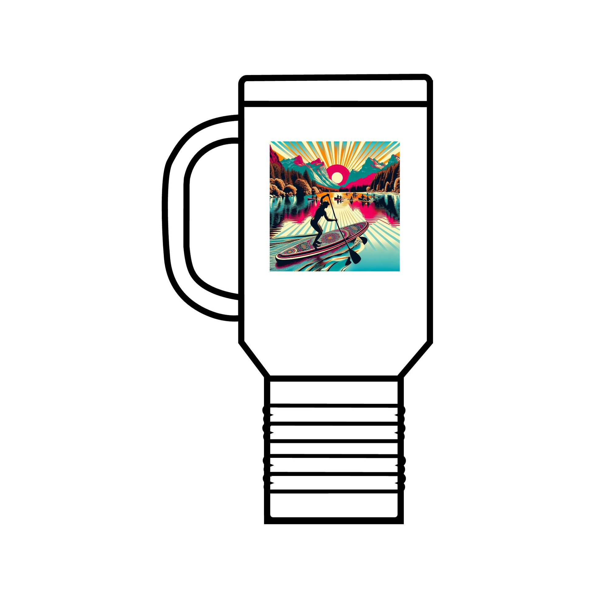 Elegant white Fantasy Paddleboarding 40oz Insulated Travel Mug adorned with a captivating paddleboarding graphic, designed for the discerning adventurer.