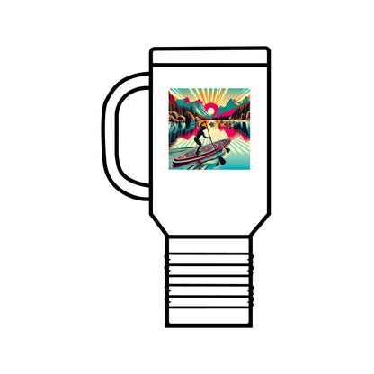 Elegant white Fantasy Paddleboarding 40oz Insulated Travel Mug adorned with a captivating paddleboarding graphic, designed for the discerning adventurer.