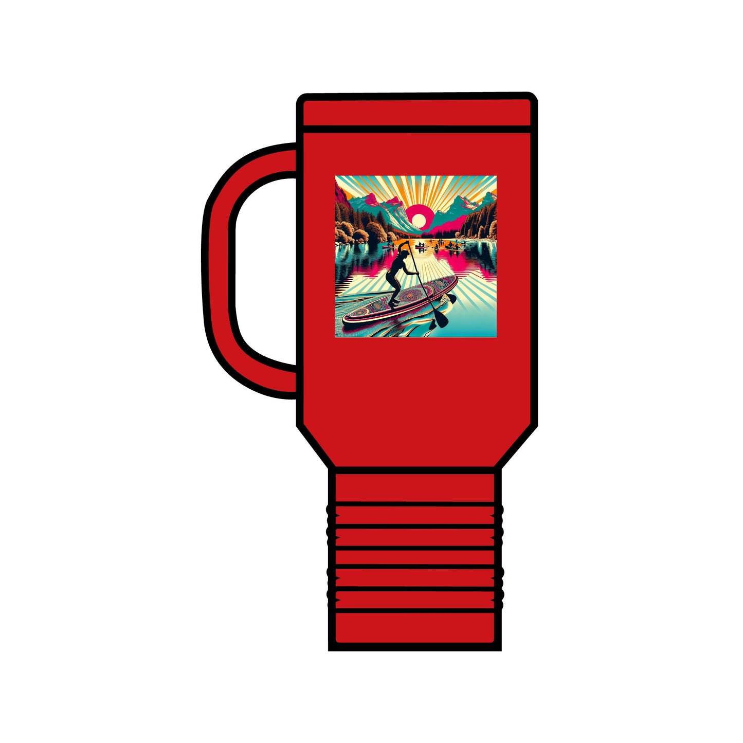 Fantasy Paddleboarding 40oz Insulated Travel Mug in bold red, adorned with a captivating paddleboarding illustration, featuring durable stainless steel and superior insulation for exquisite beverage enjoyment.