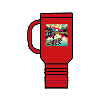 Fantasy Paddleboarding 40oz Insulated Travel Mug in bold red, adorned with a captivating paddleboarding illustration, featuring durable stainless steel and superior insulation for exquisite beverage enjoyment.