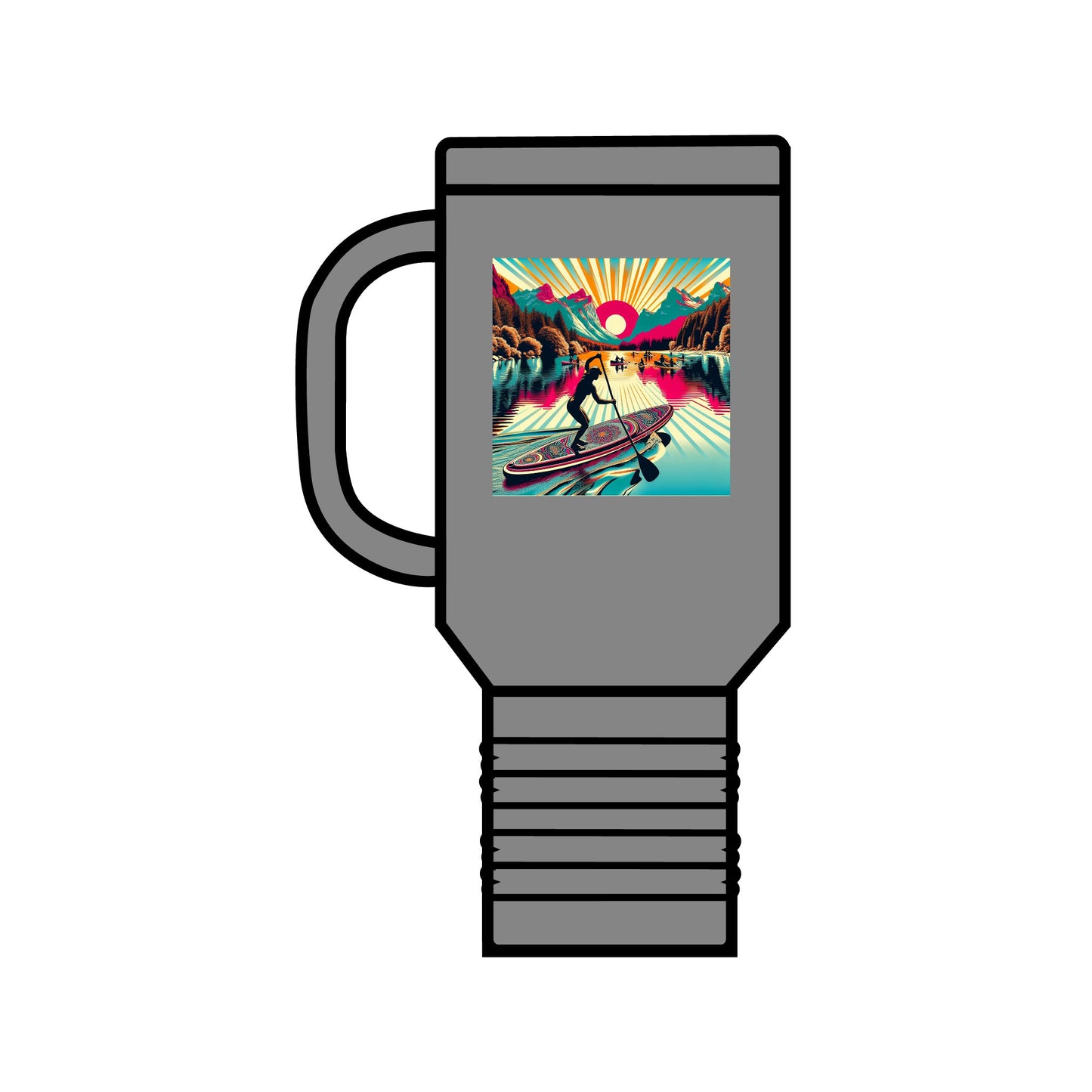 Sophisticated grey Fantasy Paddleboarding 40oz Insulated Travel Mug showcasing a unique paddleboarding scene, crafted from high-quality stainless steel.