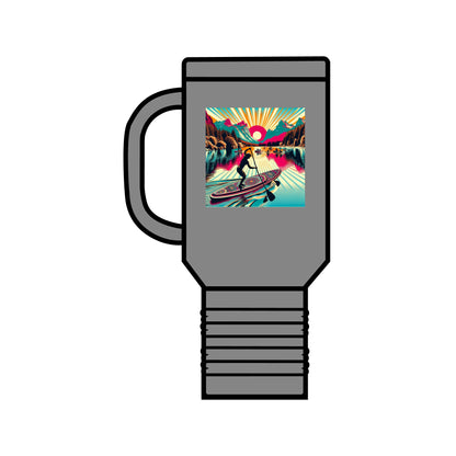 Sophisticated grey Fantasy Paddleboarding 40oz Insulated Travel Mug showcasing a unique paddleboarding scene, crafted from high-quality stainless steel.