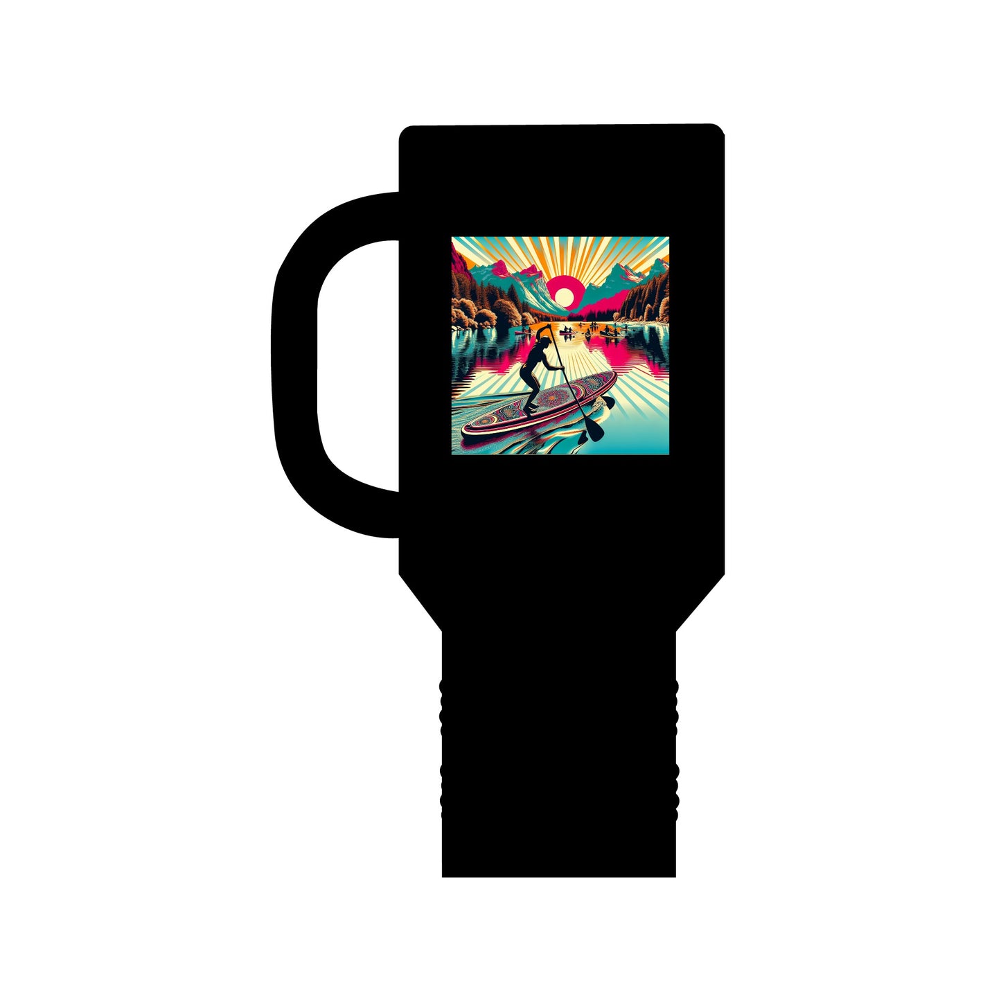 Fantasy Paddleboarding 40oz Insulated Travel Mug in sleek black, showcasing an artistic paddleboarding graphic, crafted from premium stainless steel, ideal for luxury hydration on-the-go.