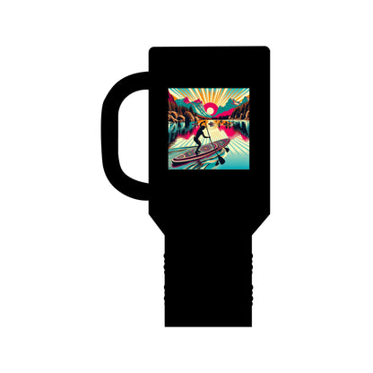 Fantasy Paddleboarding 40oz Insulated Travel Mug in sleek black, showcasing an artistic paddleboarding graphic, crafted from premium stainless steel, ideal for luxury hydration on-the-go.