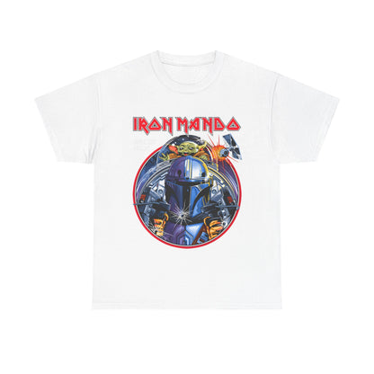 Luxury Iron Mando Graphic Tee in white featuring a striking Mandalorian design with a child-like character reminiscent of Grogu, encapsulated in a circular motif exuding sophistication for Star Wars enthusiasts.