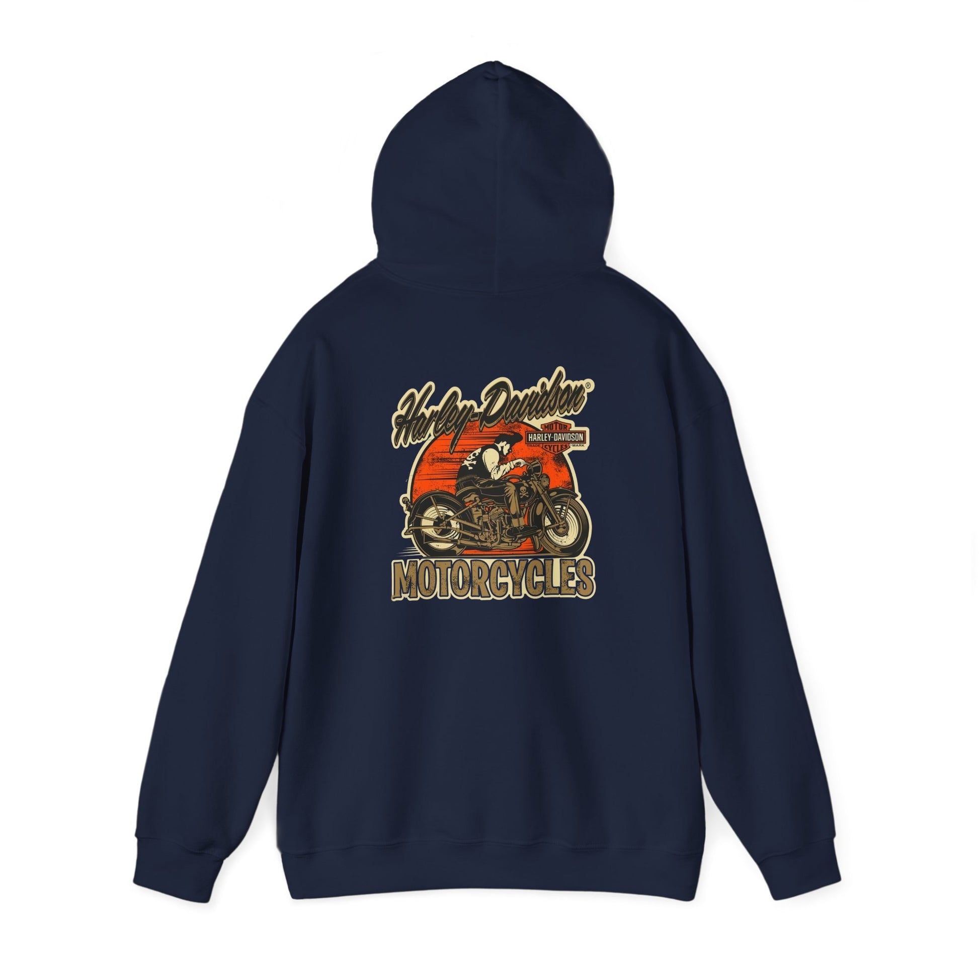 Sophisticated navy vintage Harley-Davidson hoodie featuring a striking back design of an iconic motorcycle, perfect for displaying a passion for the open road.