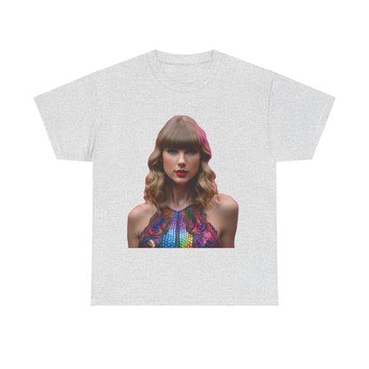 Stylish Swifties Psychedelic Taylor Swift Heavy Cotton Tee in a classic light grey, featuring an impressive graphic of Taylor Swift, a must-have piece for fashionable fans.