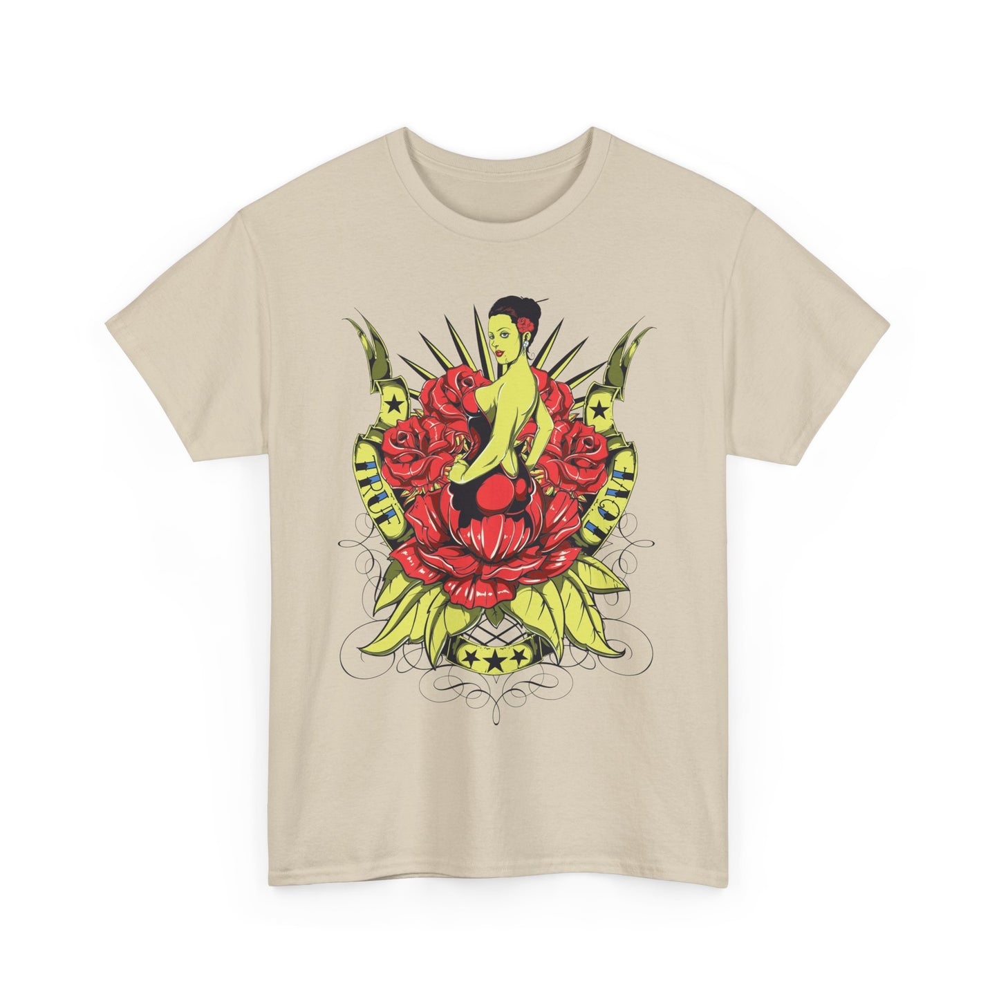 Front view of a striking beige t-shirt with a vibrant tattoo-style pin-up design featuring roses, ideal for fashion-forward individuals.
