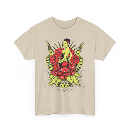 Front view of a striking beige t-shirt with a vibrant tattoo-style pin-up design featuring roses, ideal for fashion-forward individuals.