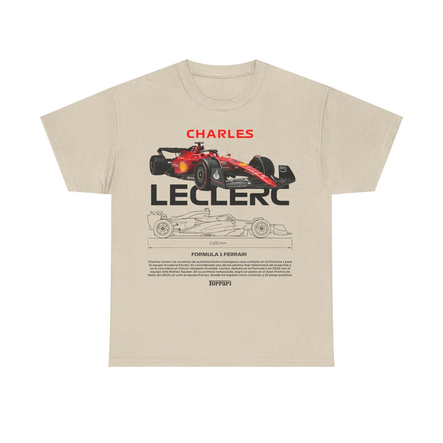 A luxurious beige men's t-shirt featuring a vibrant graphic design showcasing Charles Leclerc's name and a striking Ferrari race car illustration, perfect for motorsport enthusiasts.