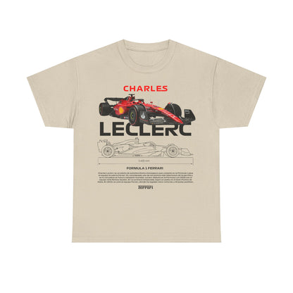 A luxurious beige men's t-shirt featuring a vibrant graphic design showcasing Charles Leclerc's name and a striking Ferrari race car illustration, perfect for motorsport enthusiasts.