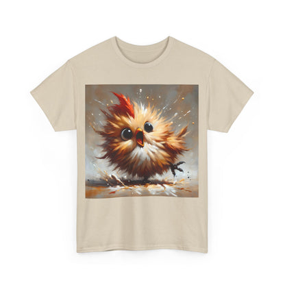 Front view of the luxurious Explosive Joy Tee - Cartoon Bird Edition in beige featuring a playful bird graphic.