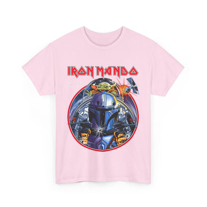 Stylish display of the Iron Mando Star Wars Graphic Unisex Tee, featuring bold graphics including a Star Destroyer and the phrase 'IRON MANDO' in a striking metal-themed font.
