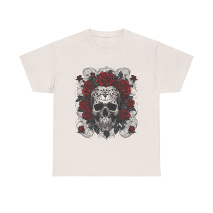 Elegant Skulls and Roses Cotton Tee in a soft cream hue with an exquisite skull and floral graphic, a perfect statement piece for any outfit.