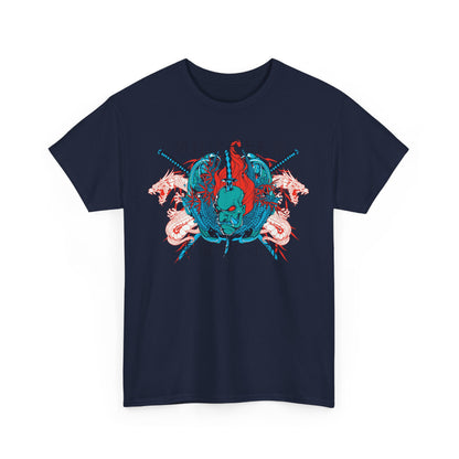 Striking navy men's t-shirt with an intricate front graphic of a powerful oni warrior, complemented by vibrant dragon imagery and katanas.