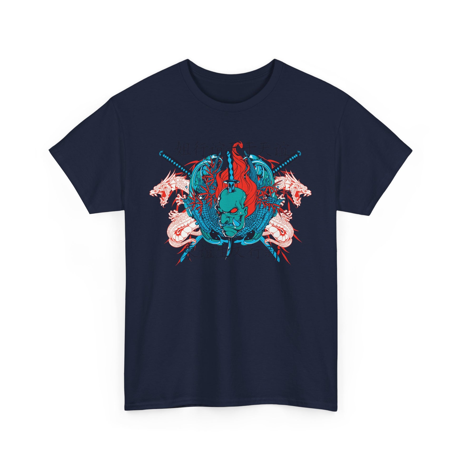 Artistic front view of a luxury men's t-shirt adorned with a vivid oni warrior design, showcasing intricate details of dragons and katanas, merging tradition with contemporary fashion.
