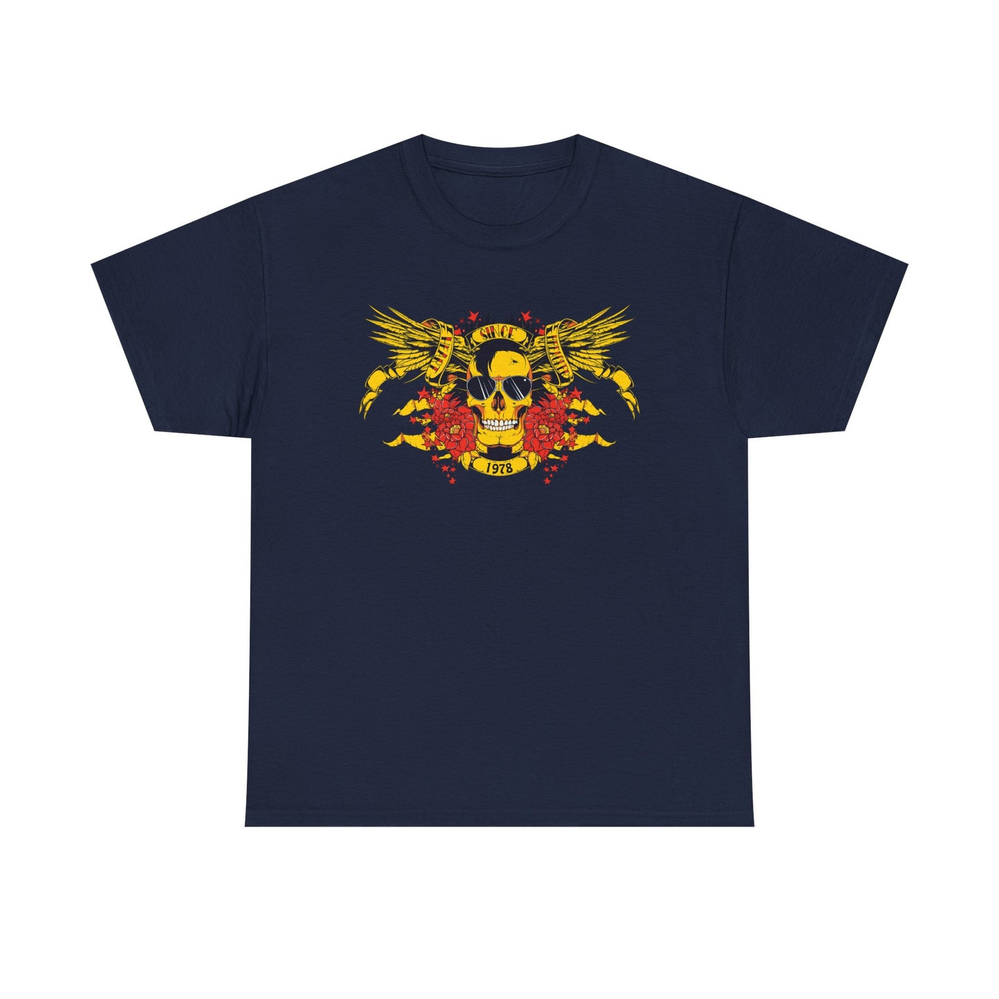 Luxury bold yellow skull graphic t-shirt featuring majestic wings, vibrant red flowers, and a retro 1978 design, perfect for a rebellious yet elegant style.