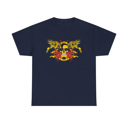 Luxury bold yellow skull graphic t-shirt featuring majestic wings, vibrant red flowers, and a retro 1978 design, perfect for a rebellious yet elegant style.
