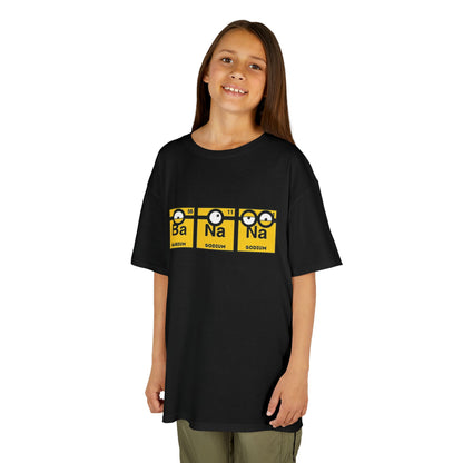 Minions Kids T-Shirt Banana Yellow Periodic Table Elements Tee featuring a child wearing the tee design with Ba and Na elements, showcasing a funny Minions theme, perfect for young science enthusiasts.