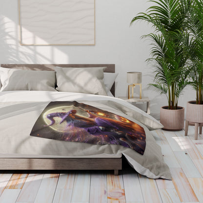 The stunning Decorative and Warm Halloween Spooky Arctic Fleece Blanket artistically arranged on a modern bed, featuring mystical Halloween motifs for elegant seasonal decor.