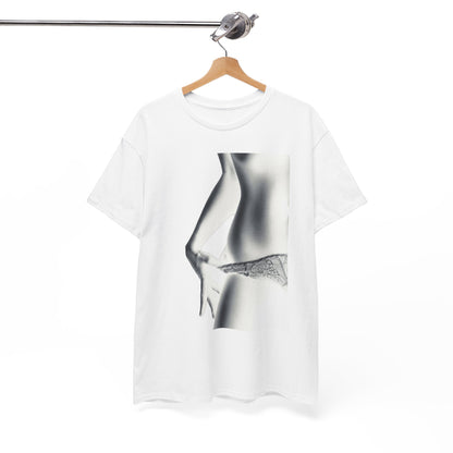 Stylishly hung white graphic t-shirt showcasing a captivating grayscale print of a woman's silhouette, accentuating an artistic take on romance.