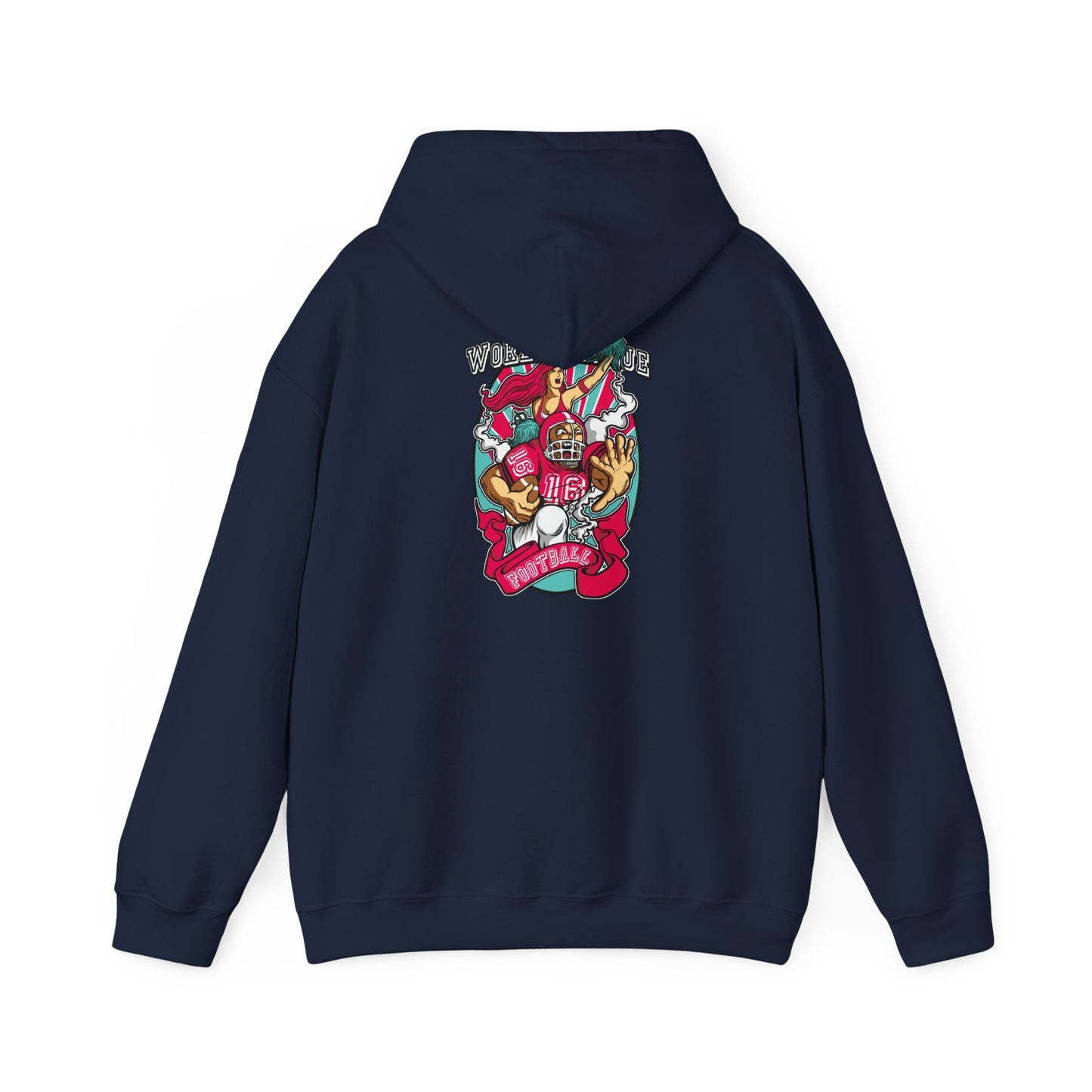 Luxury navy hoodie featuring a vibrant back print design, showcasing a spirited cheerleader and an action-packed football motif, with the bold text 'WORLD LEAGUE FOOTBALL' and a contemporary graphic style.